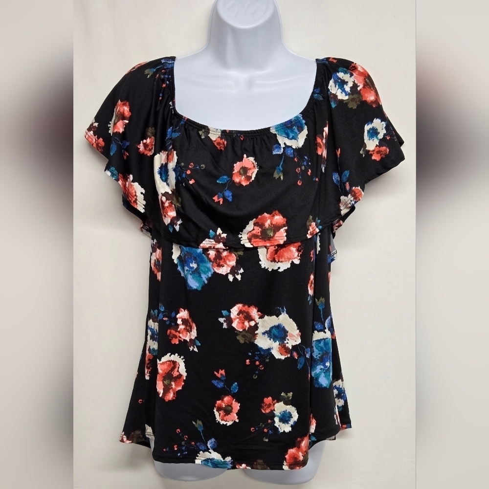 Rainbow XL Off The Shoulder Top Black Floral Elastic Stretch Ruffles New
